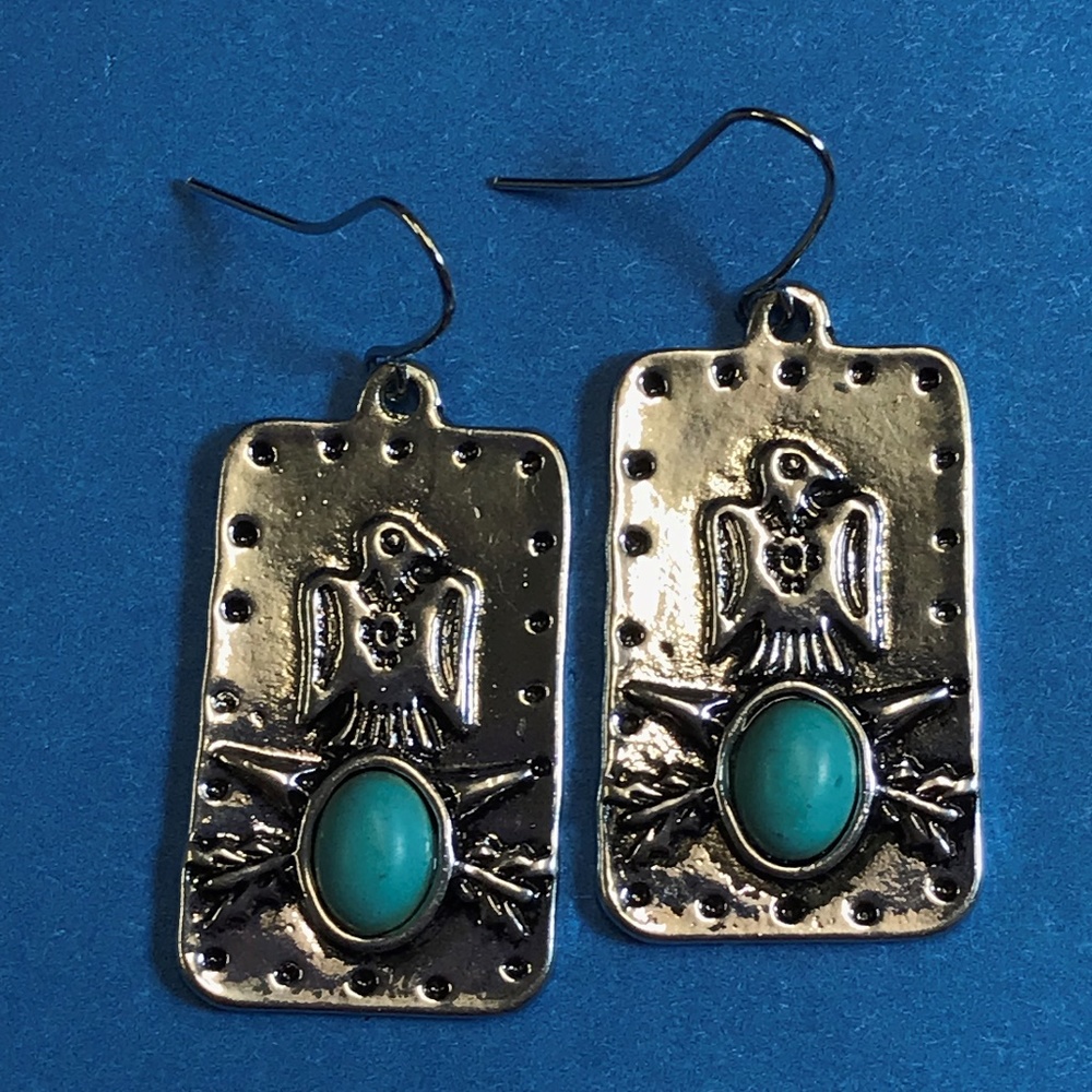 Southwestern Eagle Arrow Turquoise Silver Tone Earrings 0253